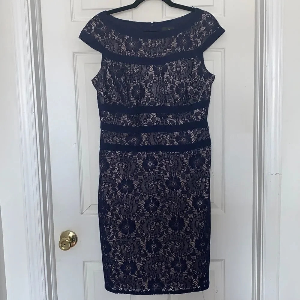 Adrianna Papell Lace Overlay Dress Blue Size 12